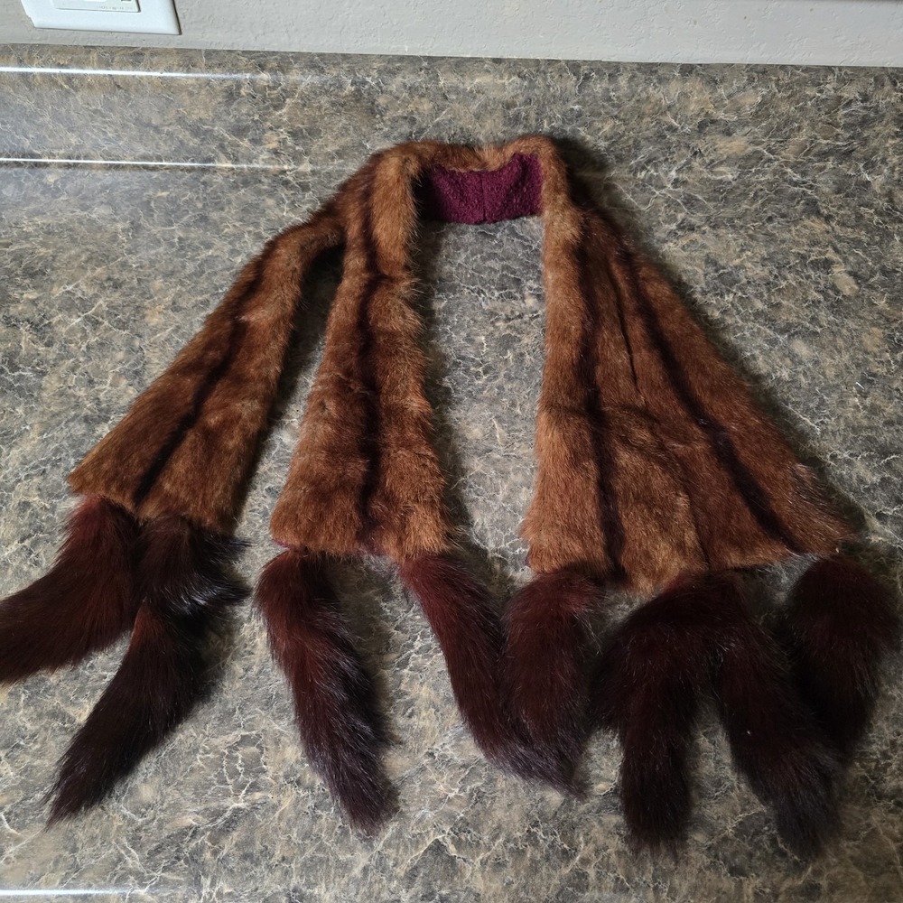 Vintage Real Fur Stole Scarf Wrap Burgundy Knit Lined 36" Long w/ Fur Tails